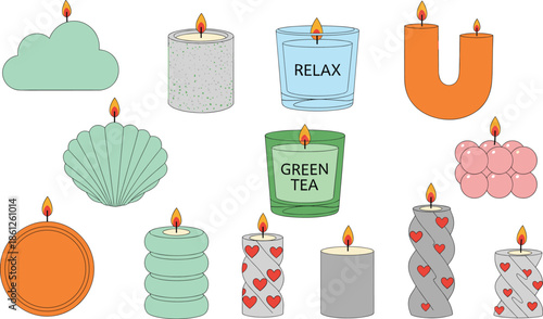 Colorful decorative candle collection featuring various shapes like clouds shells and hearts with green tea and relax scents for wellness and vector.