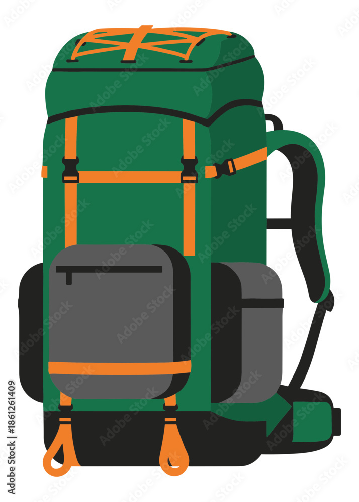 Naklejka premium Green hiking backpack with orange straps and gray pockets Isolated transparent background ( include cut-out PNG file )
