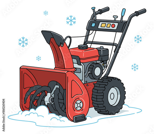 A red gasoline powered snow blower working on clearing a pile of white snow.Isolated transparent background ( include cut-out PNG file )