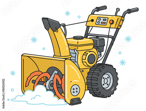 Yellow gasoline snow blower machine removing snow and ice Isolated transparent background ( include cut-out PNG file )