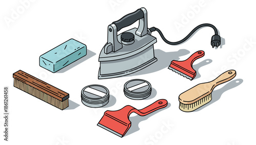 Ski waxing and tuning equipment set iron brush scraper wax accessories.Isolated transparent background ( include cut-out PNG file )
