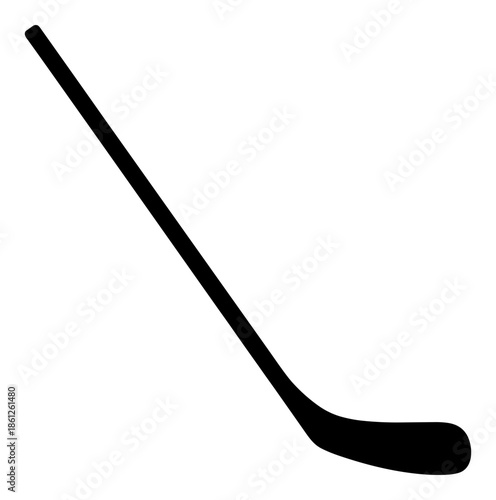 Black silhouette of an angled hockey stick with long shaft and curved blade.Isolated transparent background ( include cut-out PNG file )