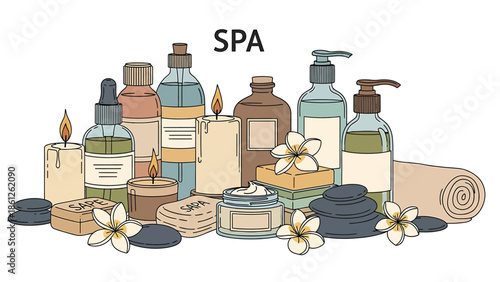 Hand-drawn illustration of spa and wellness essentials natural cosmetics, scented candles, massage stones, and delicate flowers, promoting relaxation and self-care