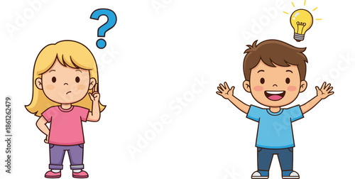 Children Showing Confusion And Idea Lightbulb Moment Cartoon Vector Illustration For Thinking Learning And Problem Solving Concept