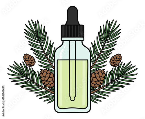 Aromatherapy dropper bottle with essential oil surrounded by pine needles and cones. Isolated transparent background ( include cut-out PNG file ).