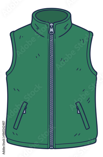 Green quilted vest with high collar and zippered pockets for cold weather.Isolated transparent background ( include cut-out PNG file )