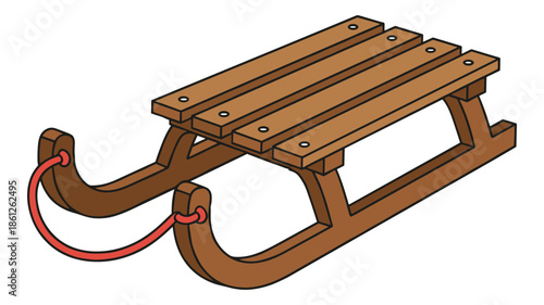 Classic wooden sled for winter sports and fun with curved runners and red rope.Isolated transparent background ( include cut-out PNG file )