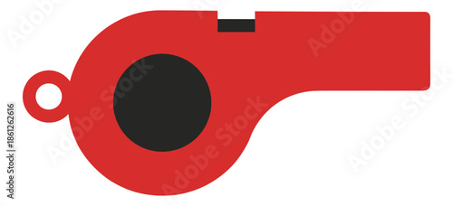 A simple red and black cartoon coach whistle with a key ring attachment hole .Isolated transparent background ( include cut-out PNG file )