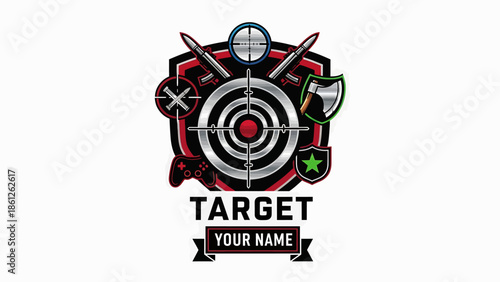Esports Gaming Logo Design Featuring Target, Weapons, and Controller Icons