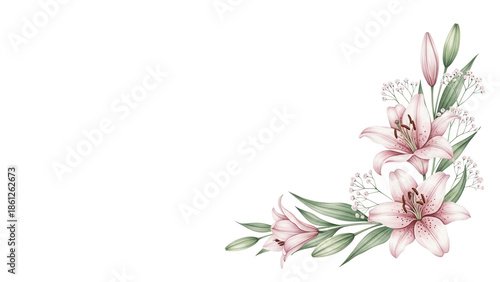 Minimal watercolor botanical corner design with lilies and baby's breath in sage green and blush isolated on white background