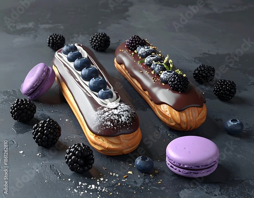 Two chocolate eclairs with berries and macarons sit on a textured gray surface