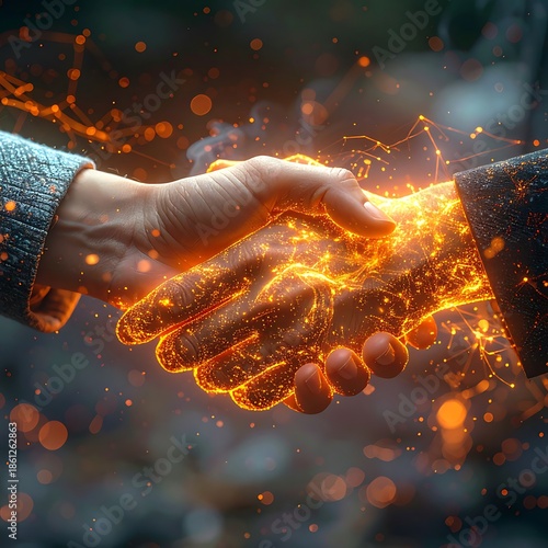 Two hands meet, glowing with fiery energy and interconnected by luminous particles against a blurred backdrop