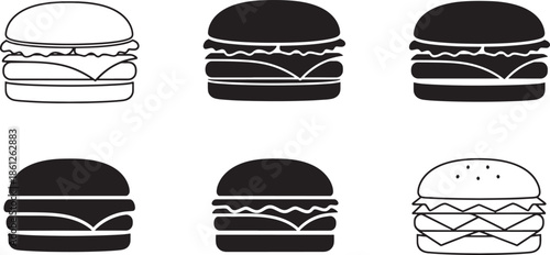 Burger Icon Set Collection with Multiple Styles for Fast Food Menus, Restaurant Branding and Delivery Apps
