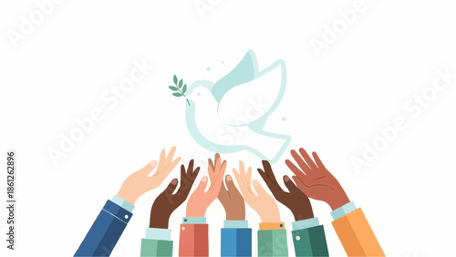 Global Unity and Diversity Hands Reaching for Peace Dove Illustration