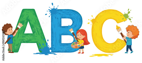 Children Painting Alphabet Letters ABC With Brushes And Colors Creative Learning Cartoon Vector Illustration