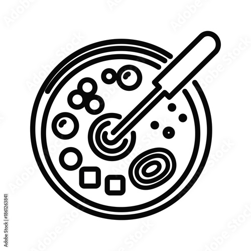 Black and white illustration of a petri dish with a pipette