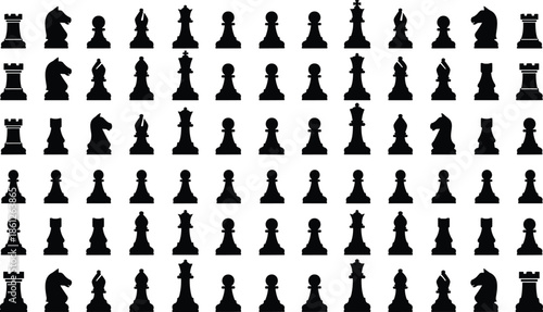 Black chess piece silhouettes collection, chess icons set on white background, strategy game vector illustration, king queen rook bishop knight pawn icons, competition concept