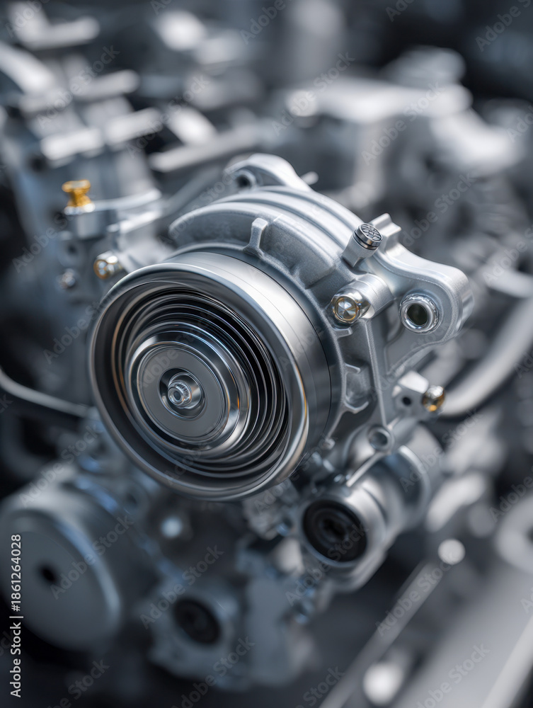 Fototapeta premium Detailed view of a modern metallic automotive engine component showcasing intricate mechanical parts and polished surfaces in a high-tech setting