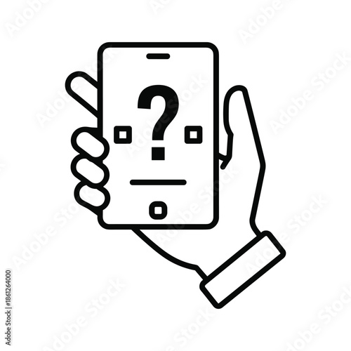 Hand holding smartphone with question mark on screen