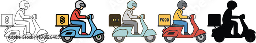 Delivery Scooter and Courier Icons – Food Delivery Transportation Vector Set