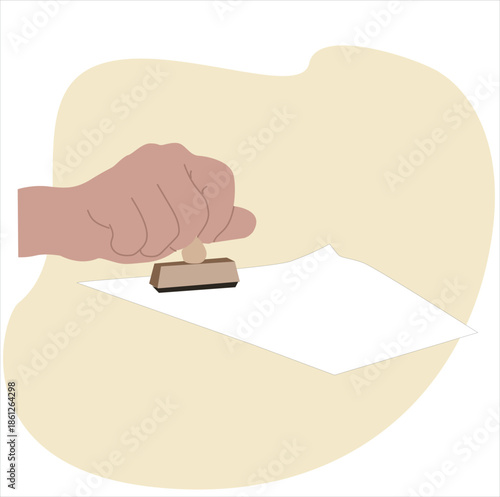 hand stamping a document. A hand is stamping a document 
