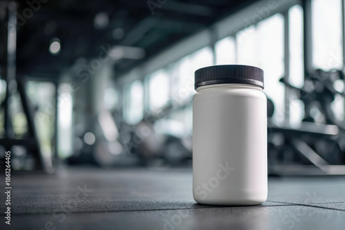 Wallpaper Mural Blank white supplement container with black lid placed on gym floor showcasing fitness nutrition concept in a modern workout facility setting Torontodigital.ca