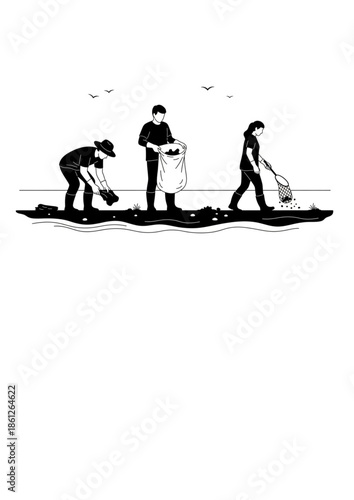 Regenerative Travel Silhouette of Eco Friendly Tourist Cleaning Beach for Sustainable Tourism and Environmental Protection Concept Vector
