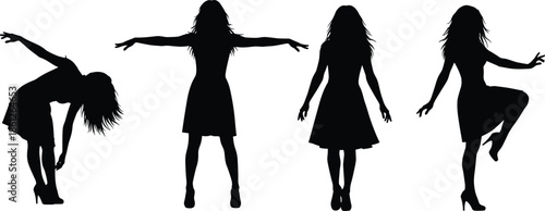 Black woman silhouettes set in various poses, dancing, bending, and standing in dresses, feminine fashion vector illustrations for creative design and commercial projects.