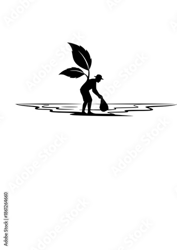 Regenerative Travel Silhouette of Eco Friendly Tourist Cleaning Beach for Sustainable Tourism and Environmental Protection Concept Vector