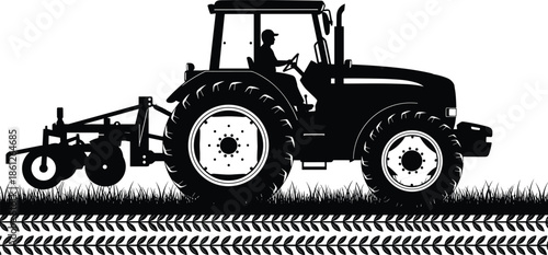 Black silhouette of tractor pulling plow in field with driver, farm machinery icon with tire tracks on grass, agricultural equipment vector illustration isolated.