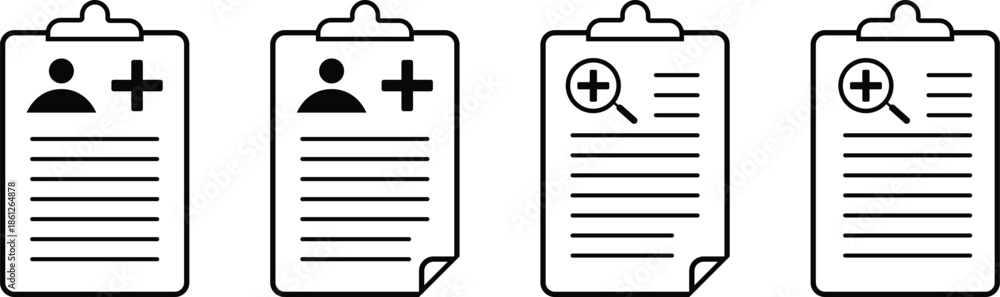 Obraz premium Medical Patient Record and Diagnostic Search Clipboard Icon Set.