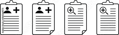 Medical Patient Record and Diagnostic Search Clipboard Icon Set.