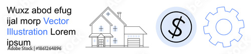 Finance, housing, economic systems, business growth, planning, real estate. Minimal house line art with a coin symbol and gear icon. Housing and finance-focused graphic elements