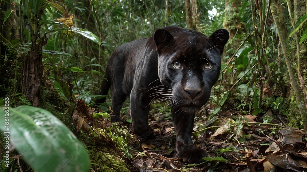 Fototapeta premium Close-up portrait of a black panther emerging from a dense, vibrant green jungle, with intense eyes.