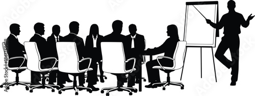 Business meeting presentation silhouette of professional team sitting at office conference table listening to speaker at whiteboard for corporate training and leadership seminar