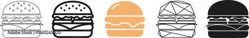 Burger Variations Icons – Fast Food Hamburger Menu Line Art Restaurant Vector Collection