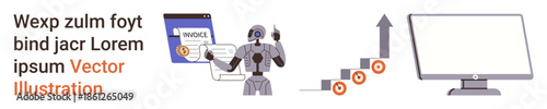 Artificial intelligence, business growth, automation, financial management, data analysis, technology development. A robot handling invoices, a rising graph and a computer. Automation and business