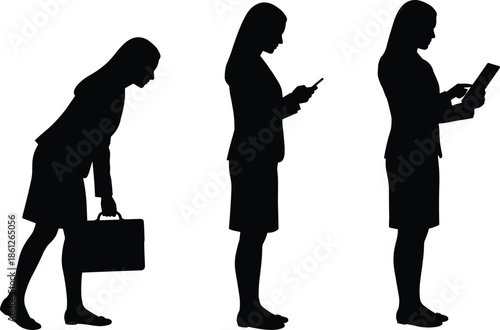 Businesswoman silhouette sequence using smartphone, phone call and laptop, illustrating modern workday, digital communication, multitasking and professional lifestyle concept