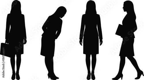 Businesswoman silhouette collection showing professional poses, walking, standing and bowing, symbolizing corporate lifestyle, confidence and workplace etiquette illustration