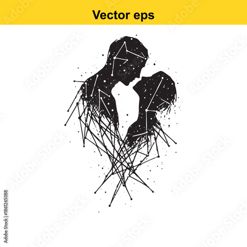 A silhouette illustration of a man and woman in an intimate embrace, connected by a constellation pattern