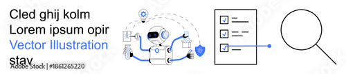 Data management, automation, cybersecurity, digital assistance, task organization, secure search. Robot managing tasks with a shield icon, checklist and magnifying glass graphic. Data management
