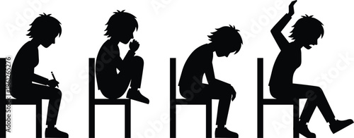 Student silhouette emotions sequence showing studying, thinking, stress, frustration and breakthrough success, symbolizing academic journey, exam pressure and learning achievement