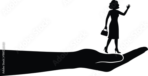 Woman silhouette standing on helping hand symbolizing support, trust, empowerment, guidance, opportunity and success through assistance concept illustration