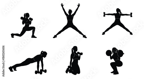 Female fitness silhouette collection featuring various workout poses with dumbbells squats lunges planks and jumping jacks for gym health and vector design.