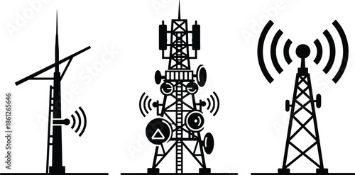 Communication tower and radio mast set, telecommunication antenna icons with signal waves, wireless network broadcast technology, cellular station vector illustration on white background.