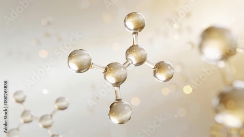 Luxury skincare science visual with collagen peptide spheres, pearl-white and soft gold tones, elegant biotech aesthetic, anti-aging concept.