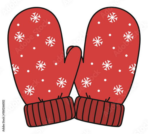Pair of red winter mittens adorned with white snowflakes and cuff pattern.Isolated transparent background ( include cut-out PNG file ).