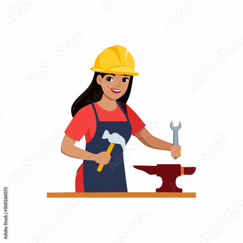 Female construction worker with tools near anvil illustration vector