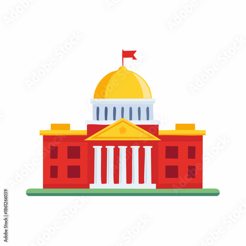 Colorful Government Building with Dome and Columns Icon. A vector illustration depicting a flat design architecture with flag and classic elements.
