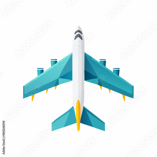 Sleek blue and white airplane soars skyward, top view revealing geometric wing and body design, modern travel